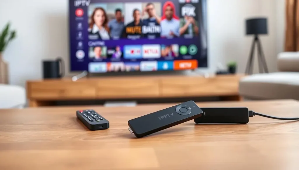 IPTV Stick mit Fernbedienung vor einem Smart TV
