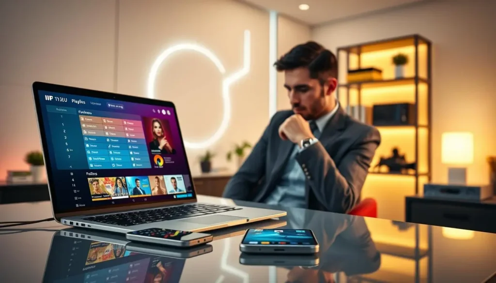 IPTV M3U Playlist auf Laptop-Bildschirm mit Senderliste und Smart IPTV Oberfläche neben Smartphone